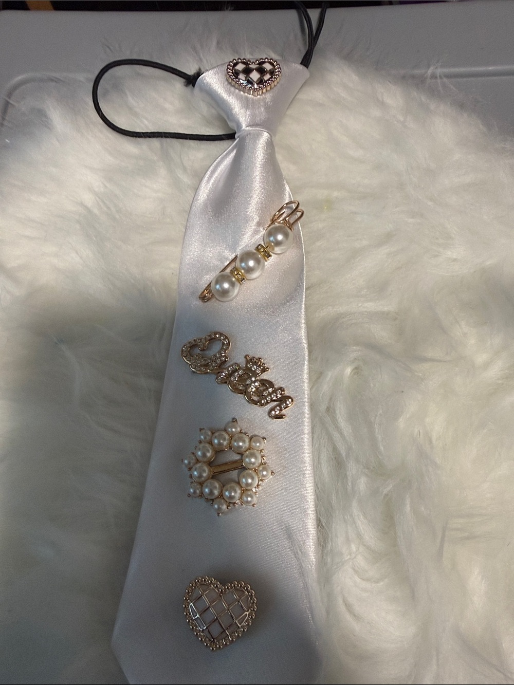 Elegant White Satin Hair Bow with Pearl & Gold Accents